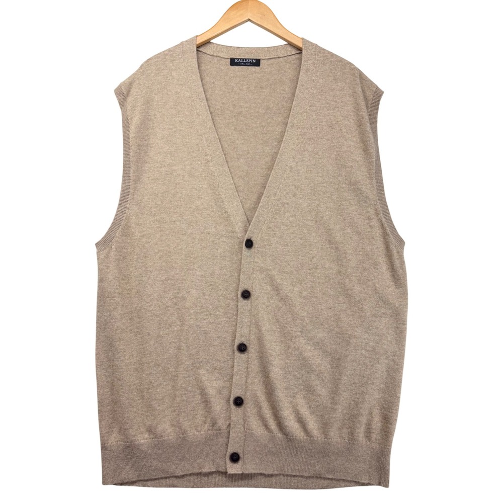 Kallspin Mens 2XL Tall Cashmere Wool Blend Button Cardigan Sweater Vest Tan